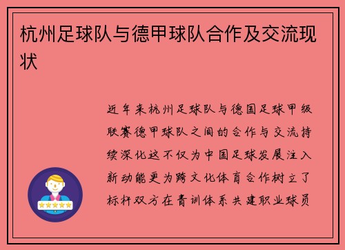 杭州足球队与德甲球队合作及交流现状